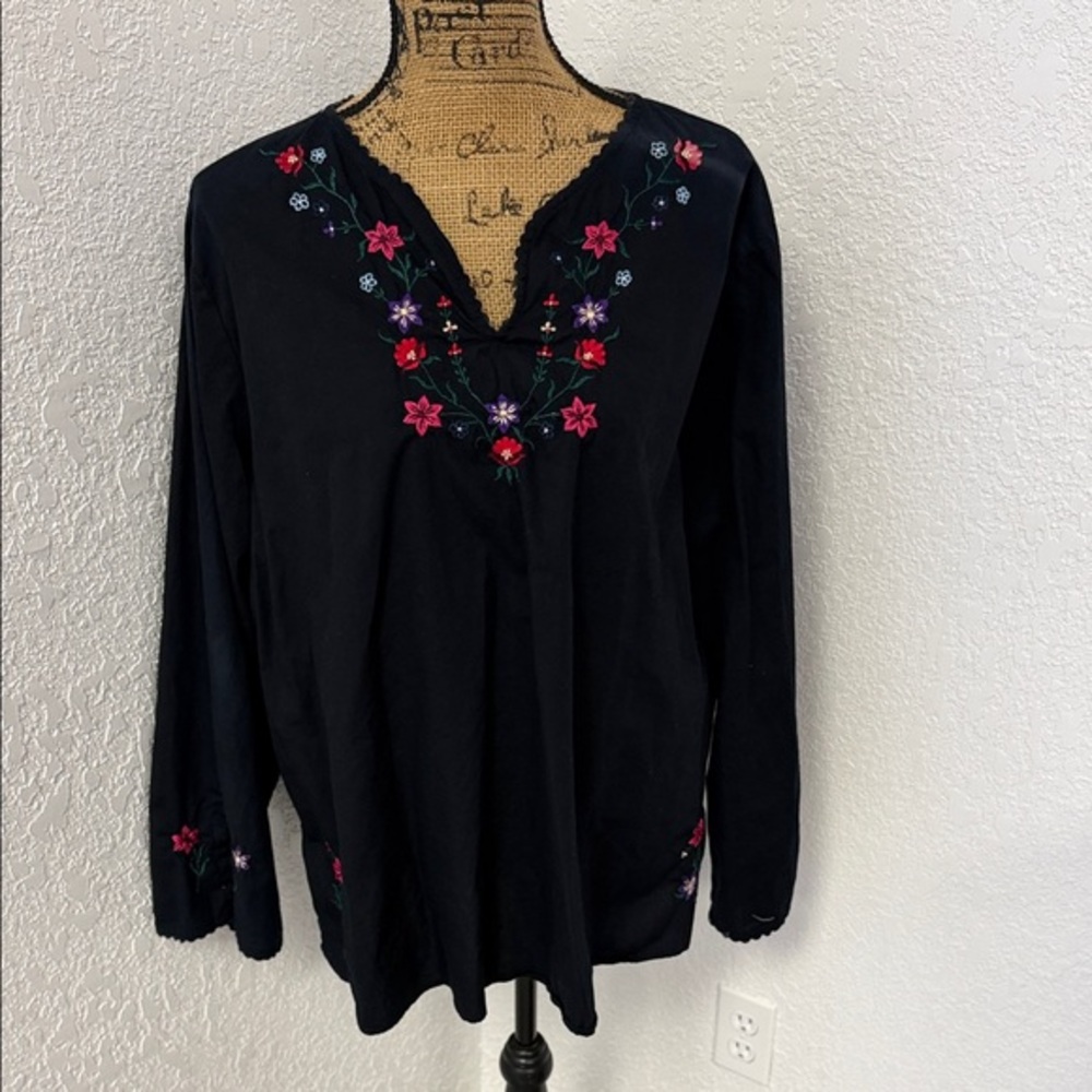 Vintage Route 66 Black Floral Embroidered Long Sleeve Top